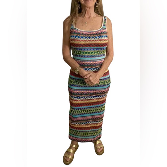 New Striped Pattern Square Neck Tank Dress Sleeveless Slit Boho Multicolored NWT - Picture 13 of 16